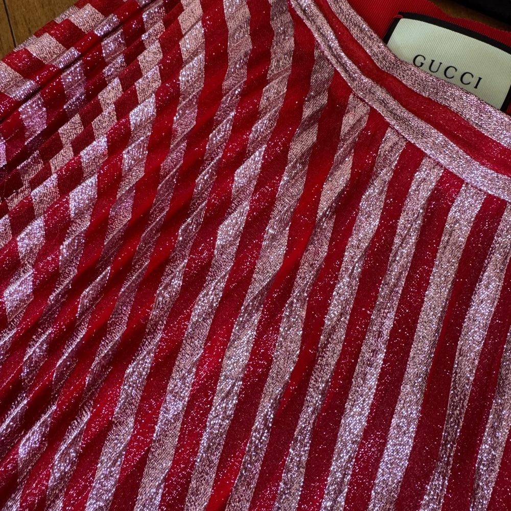 Gucci Metallic Pleated Striped Skirt | Red & Pink